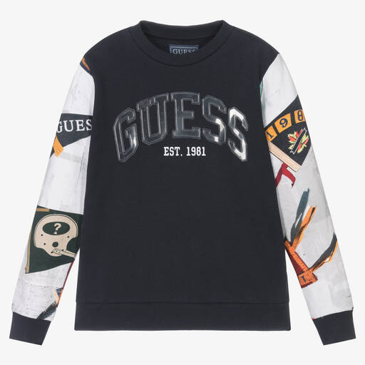 Guess-Boys Navy Blue Cotton Logo Sweatshirt | Childrensalon Outlet