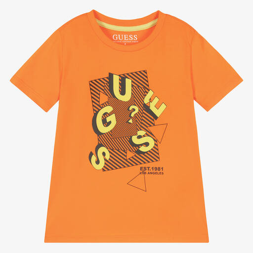 Guess-Boys Orange Cotton Logo T-Shirt | Childrensalon Outlet