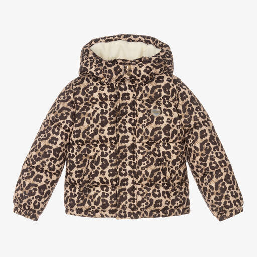 Guess-Girls Beige Leopard Puffer Jacket | Childrensalon Outlet