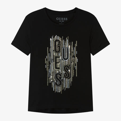Guess-Черная хлопковая футболка с пайетками для девочек | Childrensalon Outlet