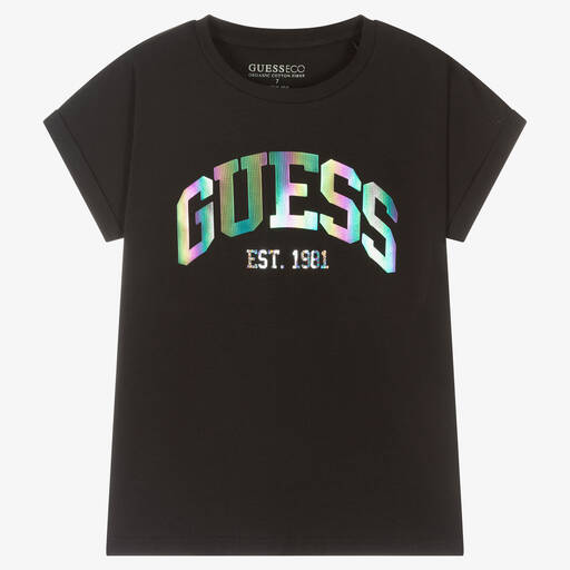 Guess-Girls Black Metallic Logo T-Shirt | Childrensalon Outlet