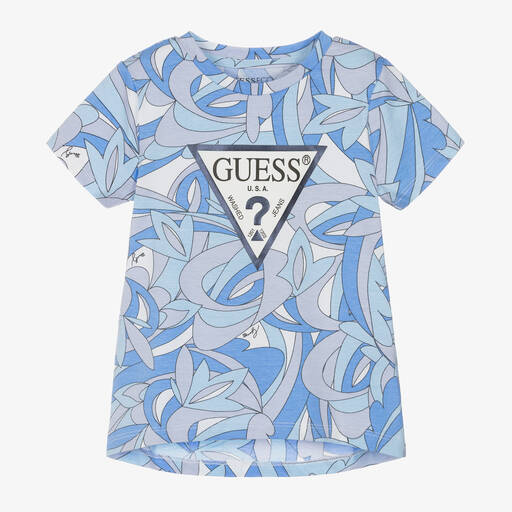 Guess-Girls Blue Abstract Cotton T-Shirt | Childrensalon Outlet
