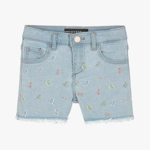 Guess-Girls Blue Denim Embroidered Logo Shorts | Childrensalon Outlet