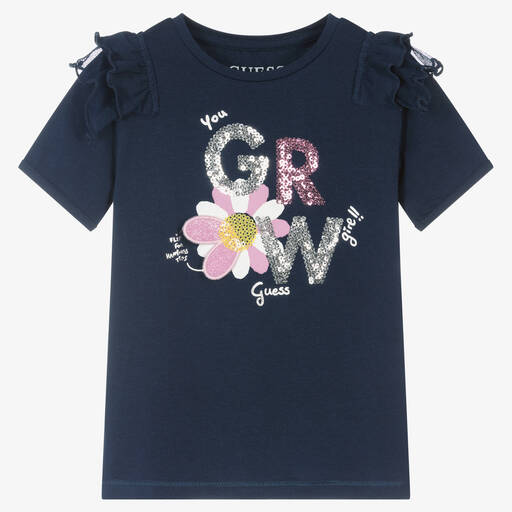 Guess-Синяя футболка с цветком и пайетками | Childrensalon Outlet