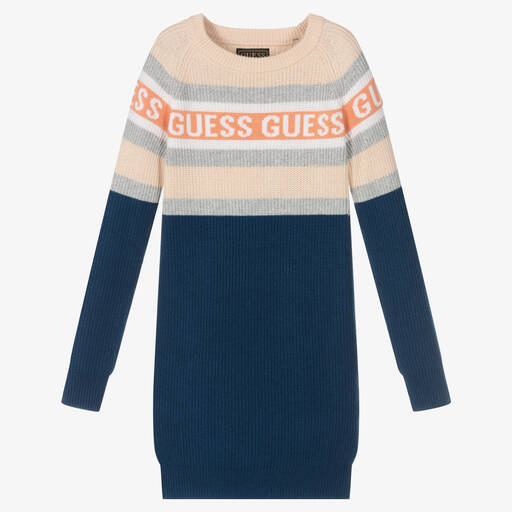 Guess-Girls Blue Knitted Logo Dress | Childrensalon Outlet