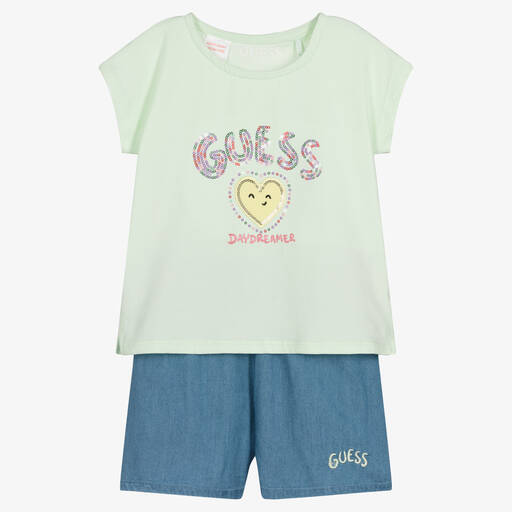 Guess-Girls Green Top & Blue Chambray Shorts Set | Childrensalon Outlet