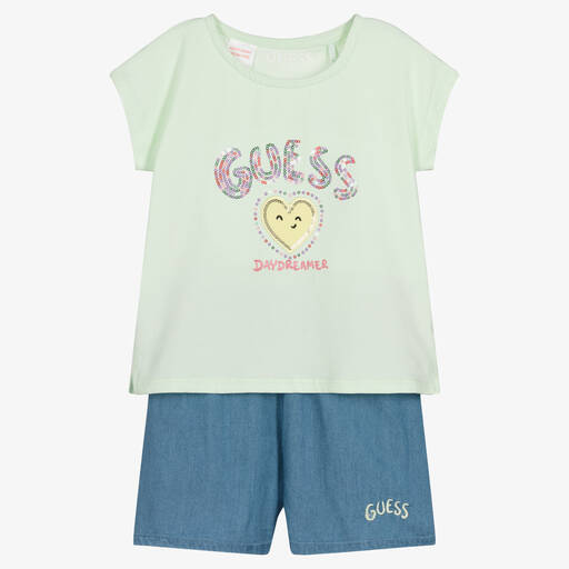 Guess-طقم شورت قطن شامبري لون أخضر وأزرق للبنات | Childrensalon Outlet