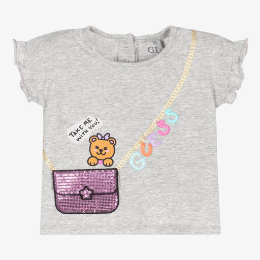 Guess-Girls Grey Cotton Bag T-Shirt | Childrensalon Outlet