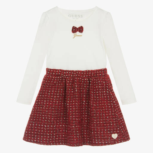 Guess-Girls Ivory Top & Red Tweed Skirt Set | Childrensalon Outlet