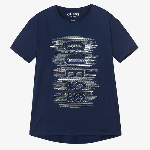 Guess-Girls Navy Blue Long Logo T-Shirt | Childrensalon Outlet