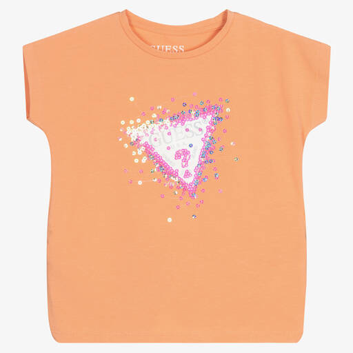Guess-Girls Orange Cotton Sequin Logo T-Shirt | Childrensalon Outlet