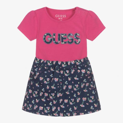 Guess-طقم تنورة قطن جيرسي لون زهري فوشيا وأزرق | Childrensalon Outlet