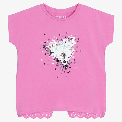 Guess-Girls Pink Cotton Sequin Logo T-Shirt | Childrensalon Outlet