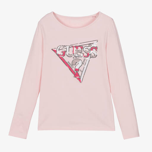 Guess-Girls Pink Cotton Sequin Top | Childrensalon Outlet