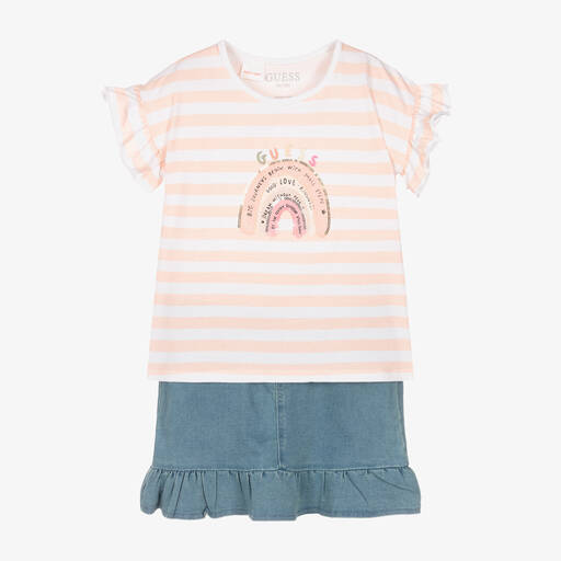 Guess-Girls Pink Striped Denim Skirt Set | Childrensalon Outlet