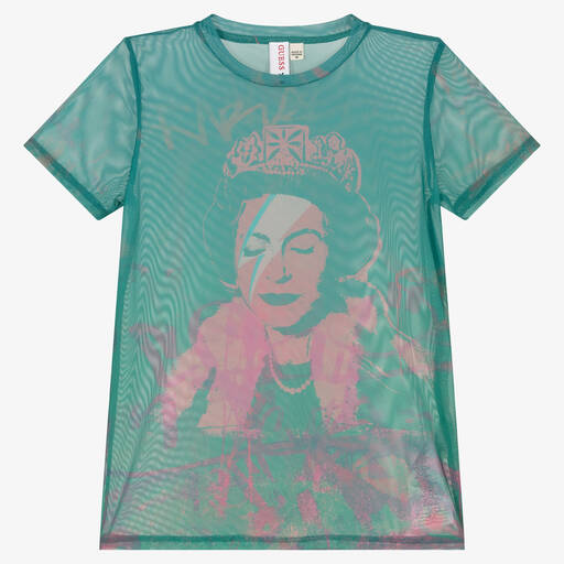 Guess-Girls Teal Blue Mesh Banksy T-Shirt | Childrensalon Outlet