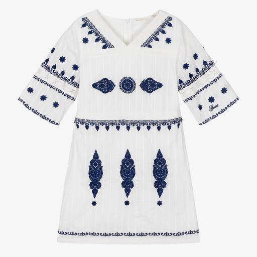 Guess-Girls White & Blue Cotton Dress | Childrensalon Outlet