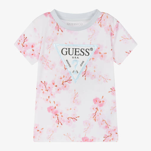 Guess-Белая хлопковая футболка с цветами для девочек | Childrensalon Outlet