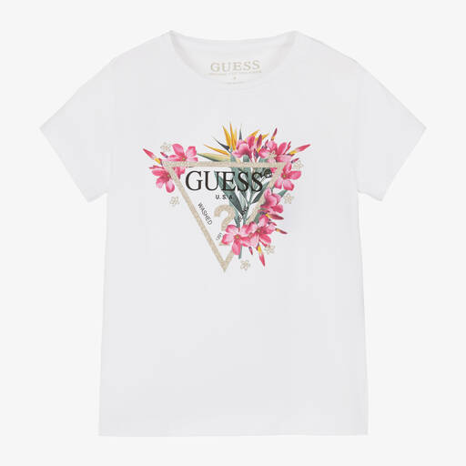 Guess-تيشيرت قطن جيرسي لون أبيض بطبعة ورود للبنات | Childrensalon Outlet