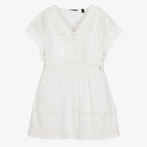 Guess-Girls White Plumeti Cotton Dress | Childrensalon Outlet