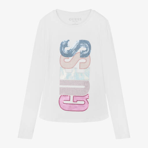Guess-Girls White Sequinned Logo Tee | Childrensalon Outlet