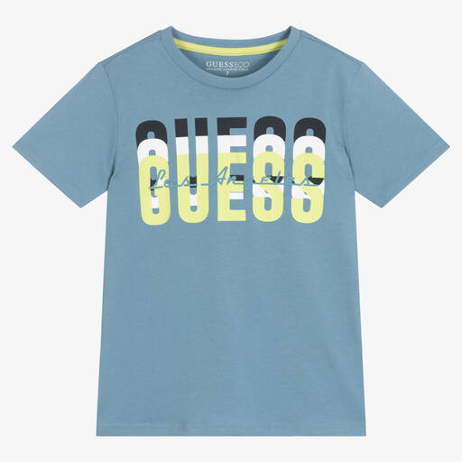 Guess-Junior Boys Blue Cotton Logo T-Shirt | Childrensalon Outlet