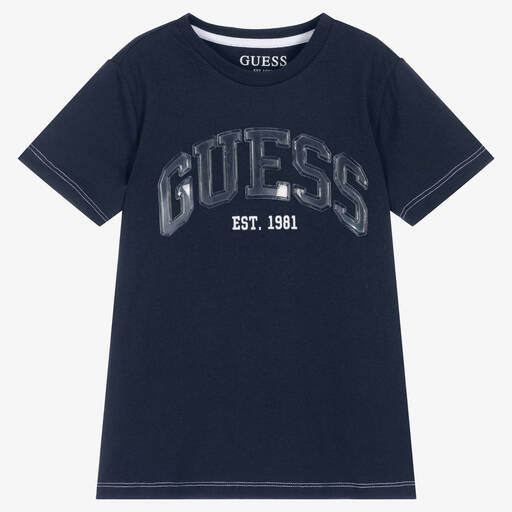 Guess-Junior Boys Blue Cotton Logo T-Shirt | Childrensalon Outlet