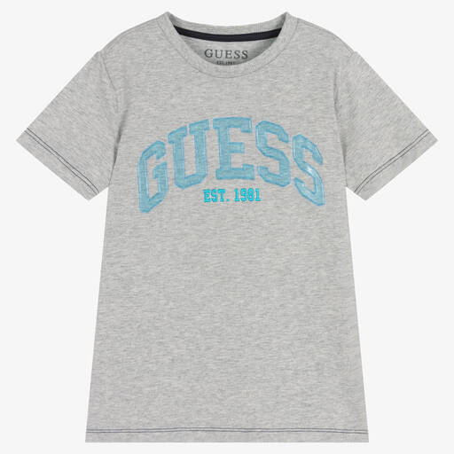 Guess-Junior Boys Grey Cotton Logo T-Shirt | Childrensalon Outlet