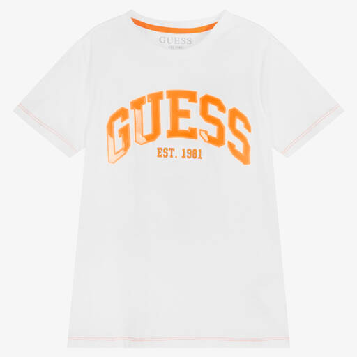 Guess-Junior Boys White Cotton Logo T-Shirt | Childrensalon Outlet