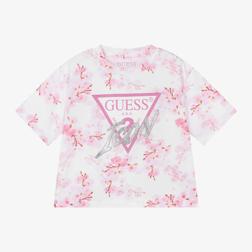 Guess-تيشيرت قطن جيرسي لون أبيض وزهري للبنات | Childrensalon Outlet