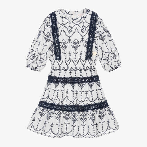 Guess-Junior Girls White & Blue Cotton Broderie Dress | Childrensalon Outlet