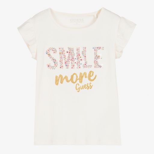 Guess-Pale Pink Ribbed Logo T-Shirt | Childrensalon Outlet
