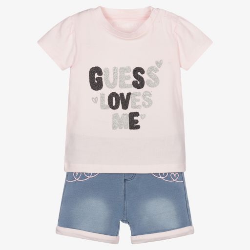 Guess-Розовая футболка и синие шорты для малышей | Childrensalon Outlet