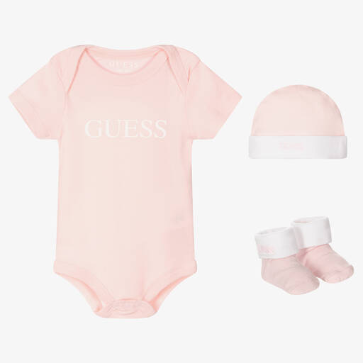 Guess-طقم أوفرول بادي قطن لون أبيض وزهري للمولودات | Childrensalon Outlet