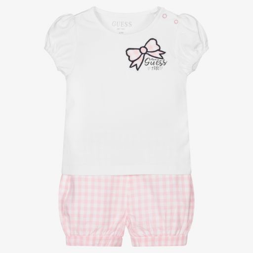 Guess-Белая футболка и розовые шорты из хлопка | Childrensalon Outlet