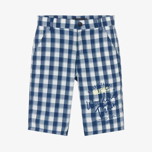 Guess-Teen Boys Blue Check Cotton Shorts | Childrensalon Outlet