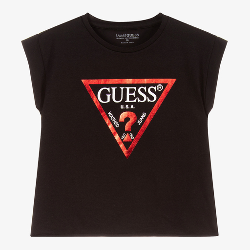 Guess-تيشيرت تينز بناتي قطن عضوي جيرسي لون أسود | Childrensalon Outlet
