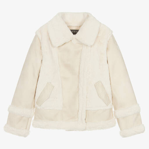 Guess-جاكيت شامواه وفرو صناعي لون عاجي تينز بناتي | Childrensalon Outlet
