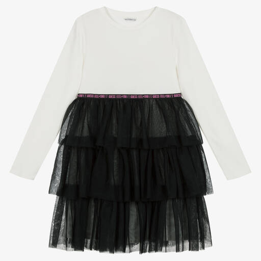 Guess-فستان قطن وتول لون أبيض وأسود تينز بناتي | Childrensalon Outlet