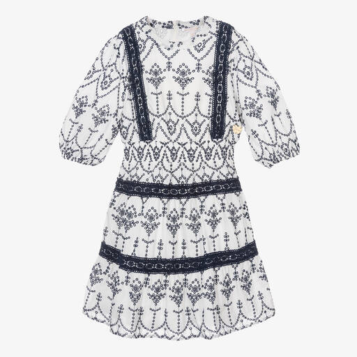 Guess-Teen Girls White & Blue Cotton Broderie Dress | Childrensalon Outlet