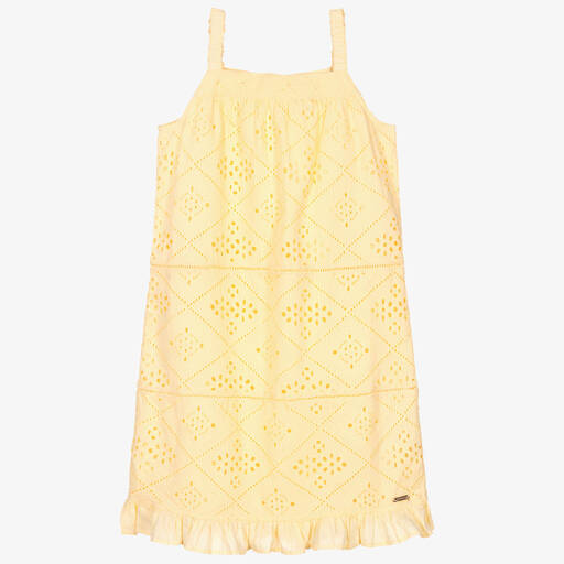 Guess-فستان تينز بناتي قطن برودوري لون أصفر | Childrensalon Outlet