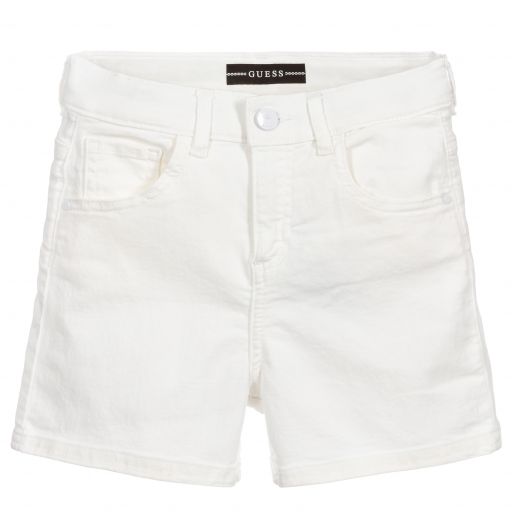 Guess-شورت خصرعالي قطن دنيم لون أبيض للبنات | Childrensalon Outlet