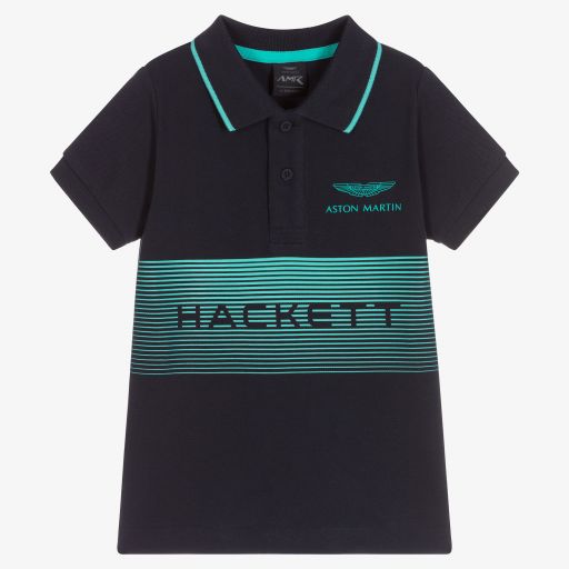 Hackett Aston Martin Racing-توب بولو قطن بيكيه لون كحلي وأخضر أكوا للأولاد | Childrensalon Outlet