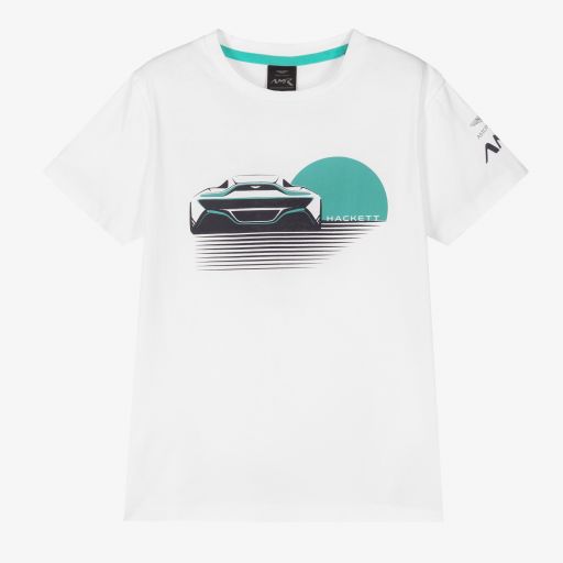 Hackett Aston Martin Racing-Weißes Baumwoll-T-Shirt mit Auto | Childrensalon Outlet