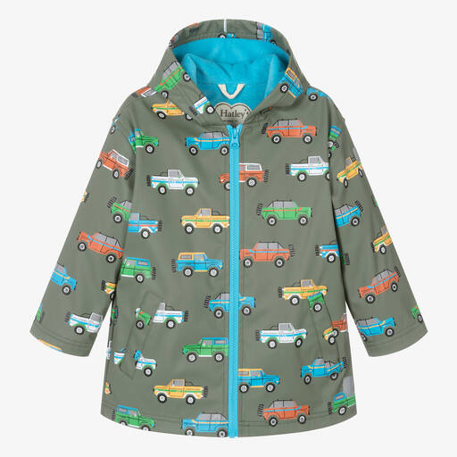 Hatley-Boys Green Cars Hooded Raincoat | Childrensalon Outlet