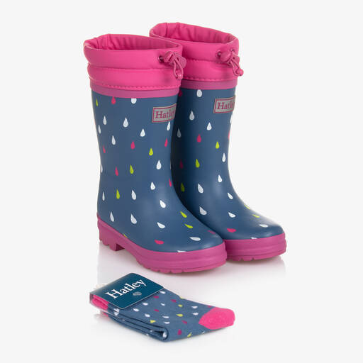 Hatley-Girls Blue Tiny Drops Rain Boots & Socks | Childrensalon Outlet