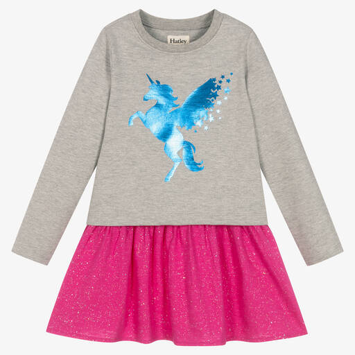 Hatley-Girls Grey & Pink Cotton Unicorn Dress  | Childrensalon Outlet