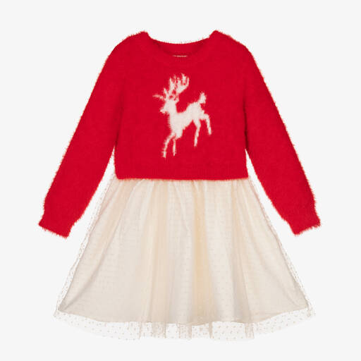 Hatley-فستان محبوك وتول لون أحمر وعاجي | Childrensalon Outlet