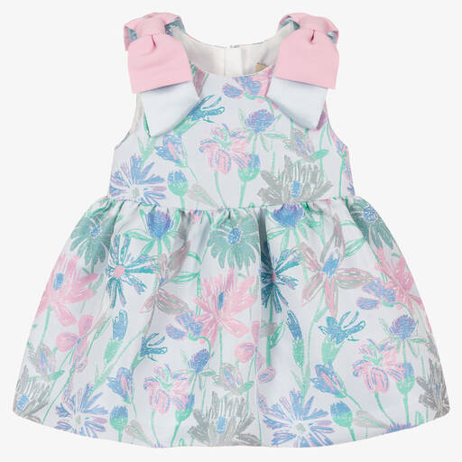 Hucklebones London-Baby Girls Blue Floral Jacquard Dress | Childrensalon Outlet
