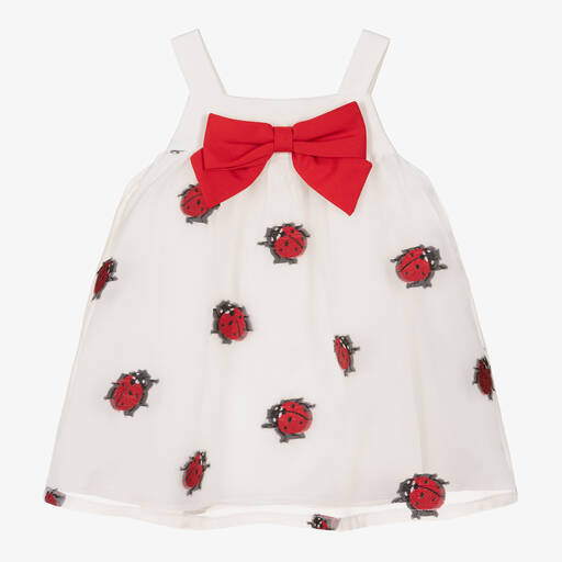 Hucklebones London-Baby Girls White Organza Ladybird Dress | Childrensalon Outlet